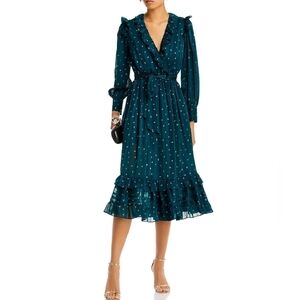 Aqua Women's Ruffle Trim Clip Dot Midi Wrap Dress Green XS NWT $128